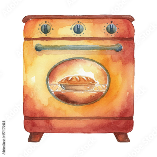 Watercolor Retro Holiday Oven Baking Pie
