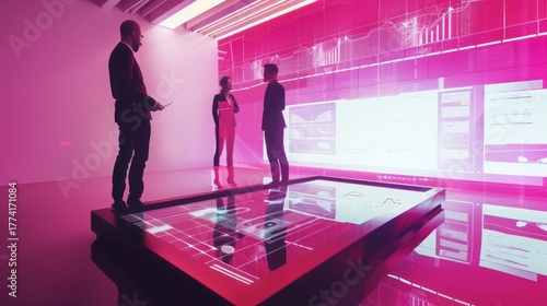 Business Professionals Analyzing Data in Modern Tech Conference Room with Pink Holographic Displays
