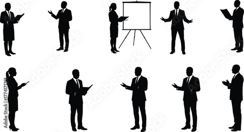 Black silhouettes of business professionals presenting, corporate icons, office meeting artwork, professional body language illustration, business presentation design collection set