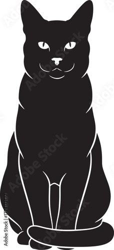 Sleek black cat silhouette sitting elegantly with subtle white outlines highlighting its form, a perfect graphic element for designs.