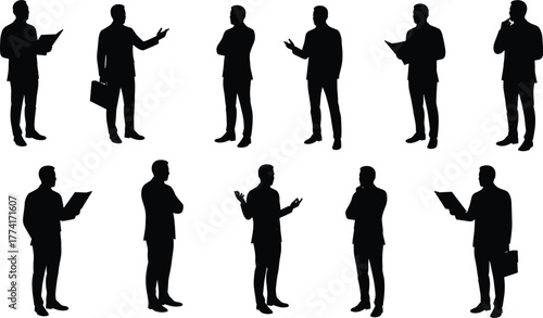 Black silhouettes of businessmen in various poses, corporate icons, professional body language artwork, office people illustration, business design collection set