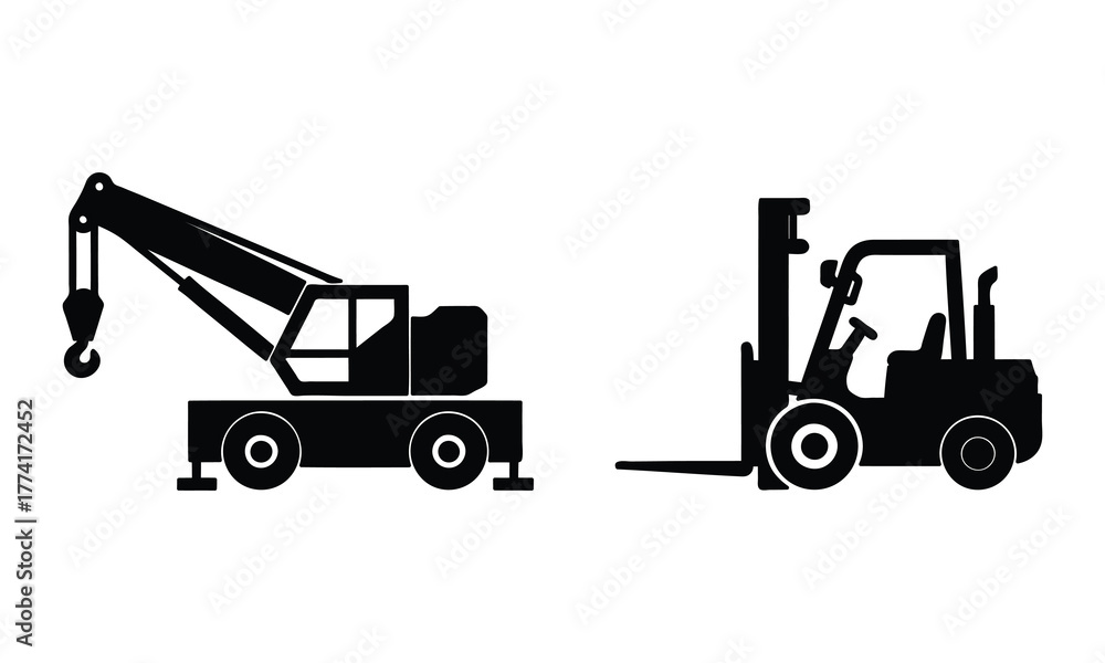 Fototapeta premium Black silhouette of a crane and forklift construction machinery transport