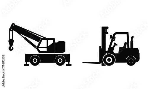 Black silhouette of a crane and forklift construction machinery transport