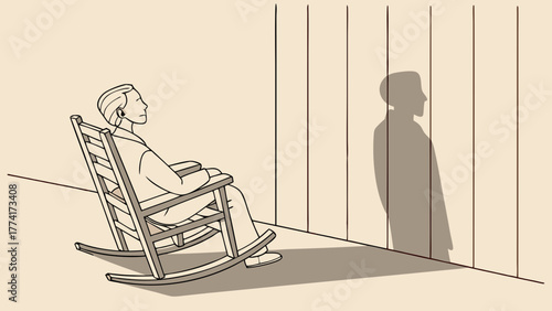 Contemplative figure in rocking chair with shadow against paneled wall
