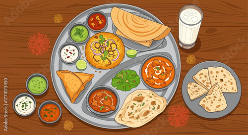 An overhead view of a traditional Indian thali platter featuring a variety of delicious dishes like dosa, samosa, curries, naan, chutneys, and a glass of milk on a wooden table.