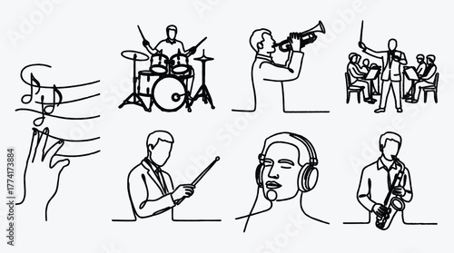 Line art illustration set of musical performance and music listening