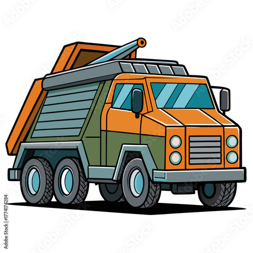 Cartoon vehicle escorting an oversized load on a white background