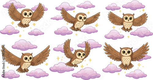 Cartoon owls flying among pink clouds with stars, whimsical bird illustration, magical wildlife artwork, fantasy animal design collection, playful owl concept set