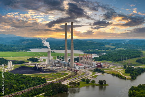 Aerial view of Kingston power plant in Roane County, Tennessee. Major coal-fired power plant producing electricity. Fossil fuel usage for energy production