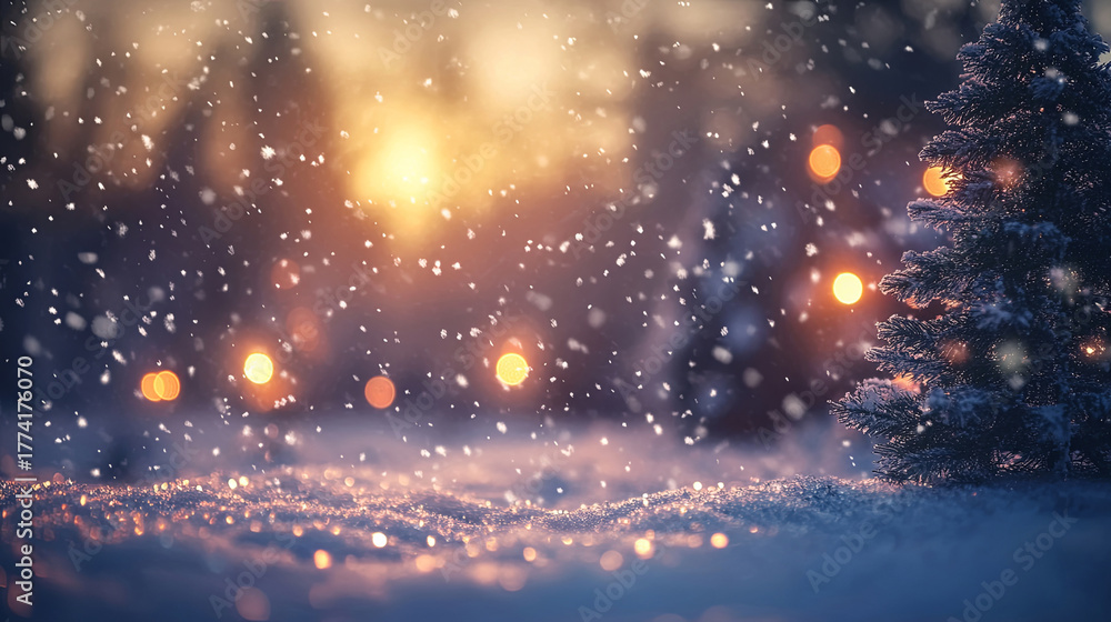 Naklejka premium Snowfall in a winter forest with glowing lights in the background 