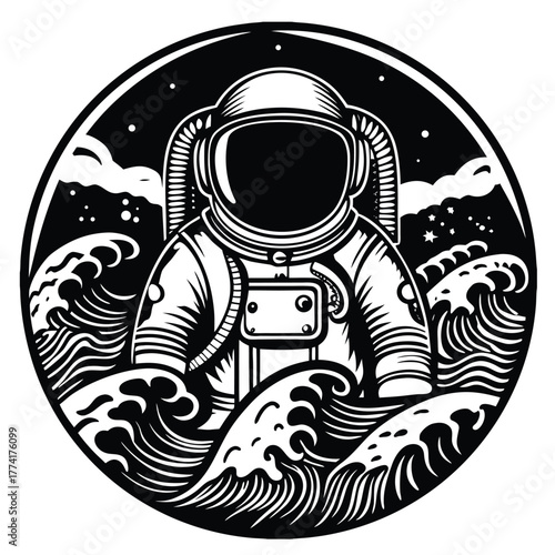 Photography Astronaut Surfing on Ocean Waves T-Shirt Design (Engraving Style)