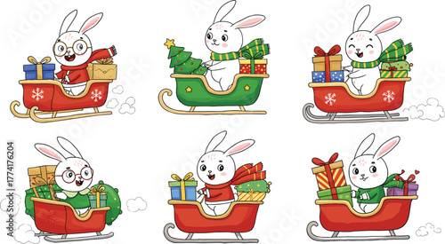 Cartoon rabbits sleigh ride, festive holiday animals, Christmas bunny illustration, cute rabbits with gifts, winter celebration art, seasonal decoration 