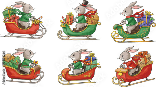 Cartoon rabbits sleigh ride, festive holiday animals, Christmas gifts illustration, cute bunny characters, winter celebration art, seasonal decoration design