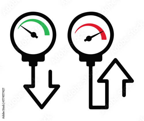Pressure gauge icon set. Editable vector illustration of fluid control with increase and decrease indicators. EPS engineering symbol pack