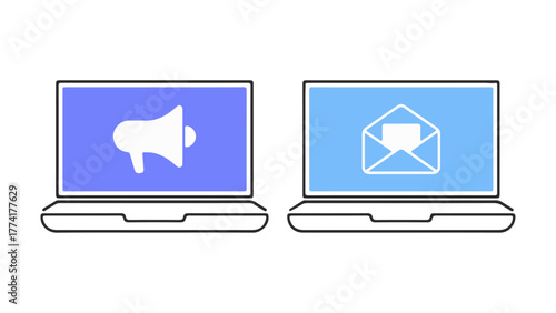 Laptop icon set with megaphone and envelope symbols. Editable vector illustration of digital communication tools. EPS marketing and email concept