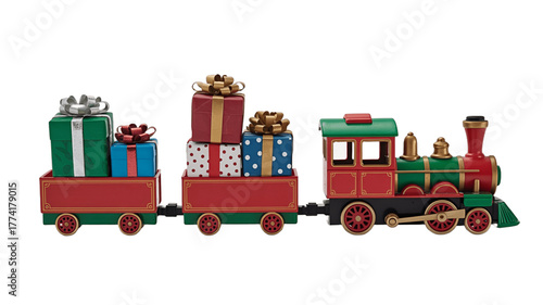 A festive toy train decorated with colorful gifts, evoking the joy of the holiday season.