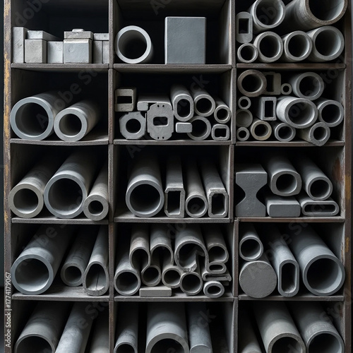 Abstract Industrial Cluster: Cross-Section of Stacked Metal Pipes and Tubes