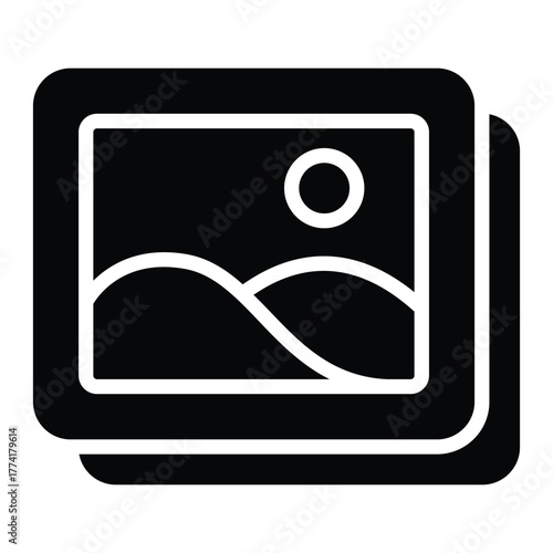 Solid black illustration of framed artwork for gallery, exhibition, or art collection themes.