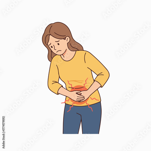 Woman experiences severe stomach pain, holding abdomen in distress