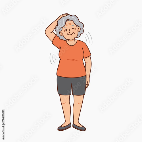 Charming senior woman playfully winks and scratches head in casual outfit