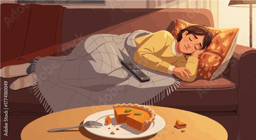 Woman asleep on a sofa under a blanket after eating pumpkin pie, remote control on her stomach, depicting a food coma