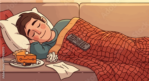 Man asleep on a sofa under a blanket, with a slice of pumpkin pie on his chest, depicting a food coma