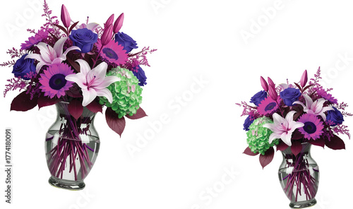 The image features two distinct flower arrangements displayed in glass vases against a clean white background,