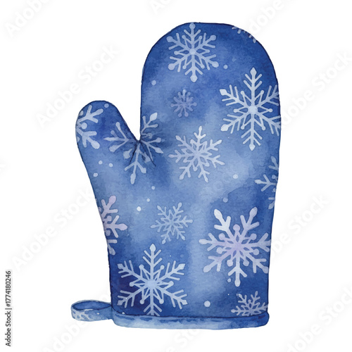 Watercolor Blue Oven Glove with Snowflake Pattern, Winter Baking Clipart
