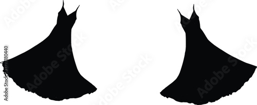 The image features two identical black dresses presented as silhouettes against a clean white background, creating a striking visual contrast.