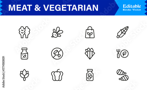 Meat And Vegetarian Food Line Icon Set – Professional, Minimal, Modern, and Editable Collection of Pixel-Perfect Outline Icons for Healthy Lifestyle Designs