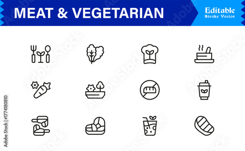 Meat And Vegetarian Food Line Icon Set – Professional, Minimal, Modern, and Editable Collection of Pixel-Perfect Outline Icons for Healthy Lifestyle Designs
