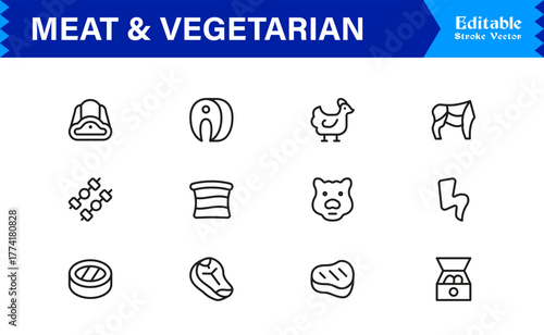 Meat And Vegetarian Food Line Icon Set – Professional, Minimal, Modern, and Editable Collection of Pixel-Perfect Outline Icons for Healthy Lifestyle Designs