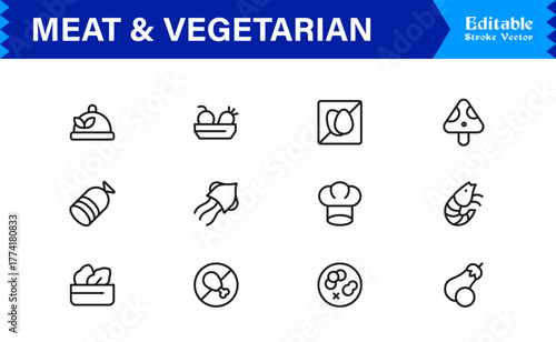 Meat And Vegetarian Food Line Icon Set – Professional, Minimal, Modern, and Editable Collection of Pixel-Perfect Outline Icons for Healthy Lifestyle Designs