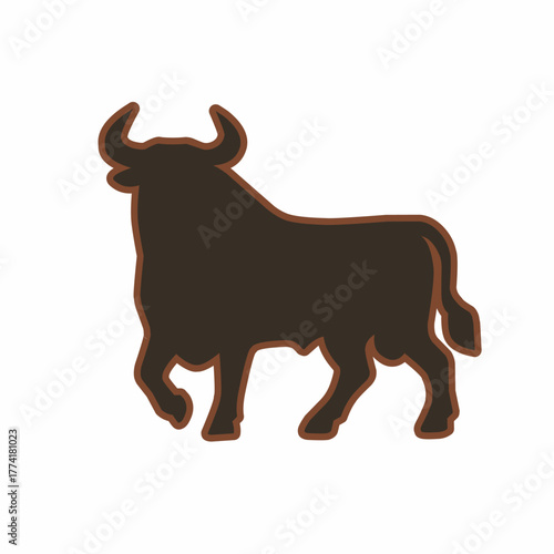 Minimalist Flat Color Bull Animal Silhouette Illustration with Dark Brown Color Palette