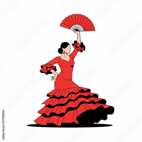 Elegant Handdrawn Flamenco Dancer with Fan Performing Traditional Spanish Dance