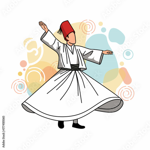 Modern Lineart Whirling Dervish Illustration with Abstract Shapes and Decorative Element