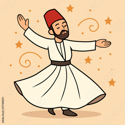 Whimsical Handdrawn Cartoon Dervish Man with Stars and Swirls Illustration