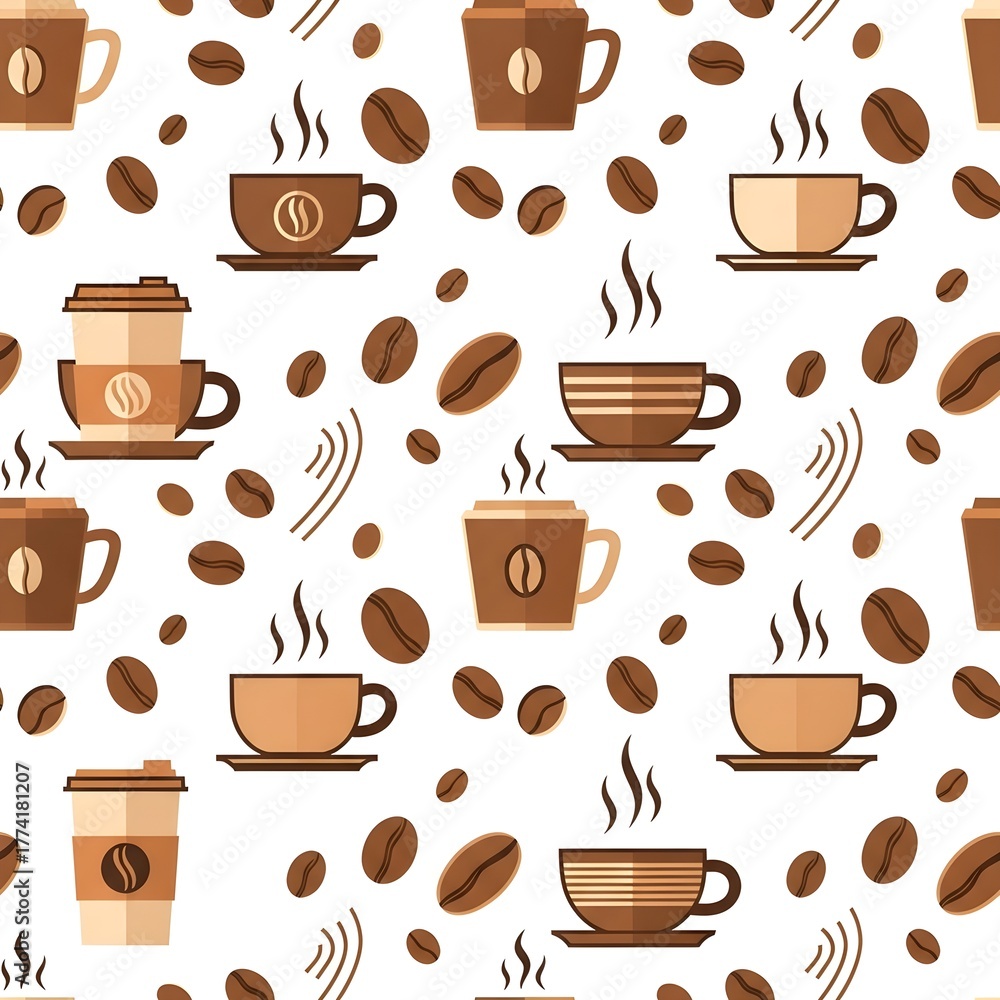 Obraz premium Coffee cups and beans seamless pattern - hot beverage cafe background