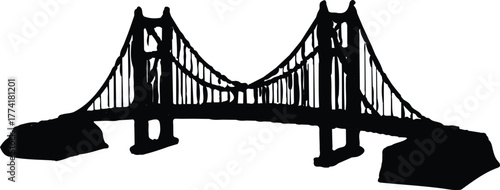 "The image is a black and white silhouette of a suspension bridge."Black and white silhouette: This is consistent with the high-contrast,