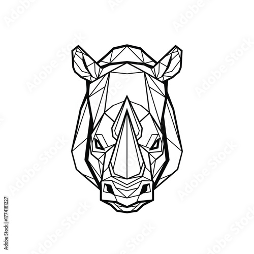 Modern geometric rhinoceros head illustration, featuring a striking polygonal design with sharp angular lines, ideal for branding, logos, and minimalist wildlife themes representing strength