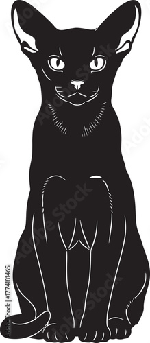 Elegant black oriental shorthair cat sitting, with large ears and striking green eyes, rendered in a stylized silhouette outline, perfect for graphic design projects and feline art.