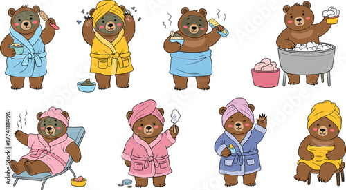 Cartoon bears spa day, cute animal self care, wellness routine illustration, relaxing bath bears, hygiene art, playful character design