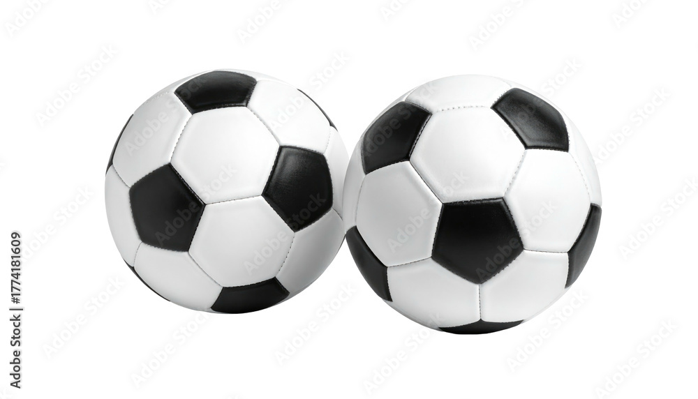 Fototapeta premium Two soccer balls, black and white pentagons, against a transparent background, casting soft shadows