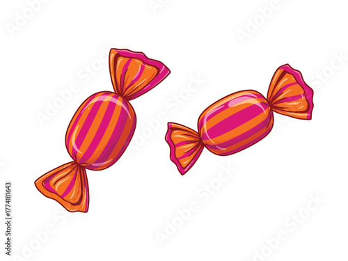 Two bright candies with orange and pink stripes on a white background