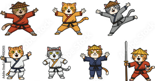 Cartoon cats practicing martial arts, whimsical animal illustration, karate and kung fu artwork, playful combat design collection, feline warrior character concept set