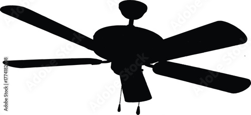 The image shows a silhouette of a ceiling fan with five blades. The entire fan, including its blades, central motor housing, and downrod, appears as a solid black shape against a white background.