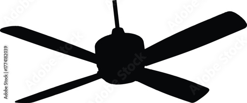 The image shows a ceiling fan, rendered in black silhouette against a white background. The fan has four blades, evenly spaced around a central motor housing.