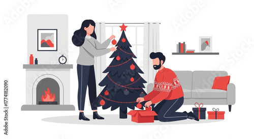 Cozy Home Scene: Couple Decorating for Winter Holidays
