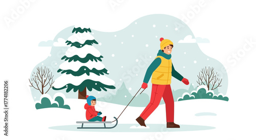 Winter Fun: Dad and Kid Playing with a Sled