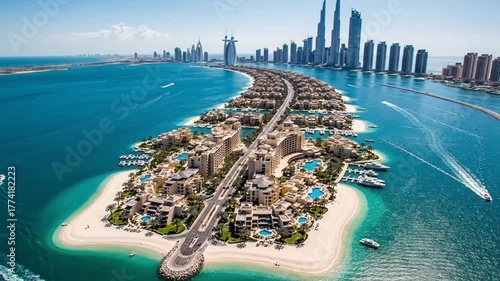Aerial View of Crescent Shaped Artificial Island in Dubai with Sand Beaches Azure Water and Modern City Skyline Under Clear Blue Sky on Bright Sunny Day